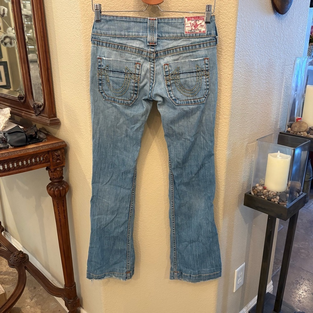 Vtg TRUE RELIGION Sammy Big T Low Rise Y2K Blue Bootcut Jeans Size 25-Hemmed